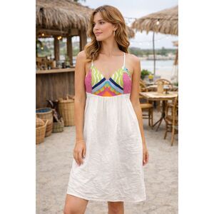 Boho Embroidered Sundress Colorful Bust White Summer Vacation Resort Dress M